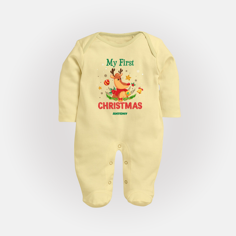 Celebrate This Christmas With Our "My First Christmas" themed Customized Sleep Suit With Name For Babies - PASTEL YELLOW - New Born (Chest 7.5")