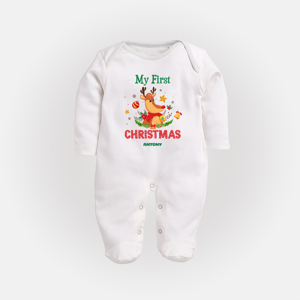 Celebrate This Christmas With Our "My First Christmas" themed Customized Sleep Suit With Name For Babies - WHITE - New Born (Chest 7.5")