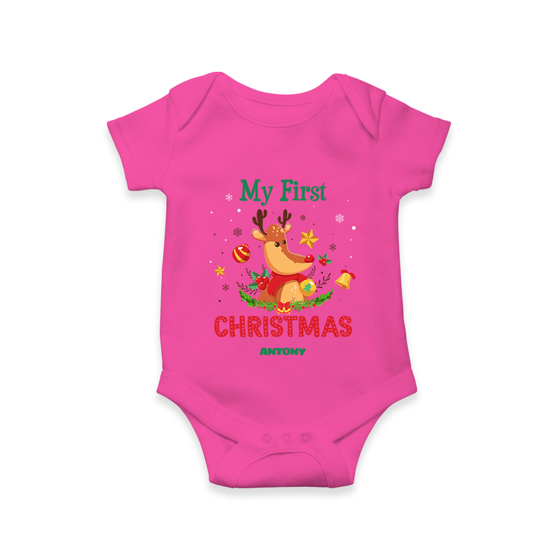 Celebrate This Christmas With Our "My First Christmas" themed Customized Romper With Name For Babies - HOT PINK - 0 - 3 Months Old (Chest 16")