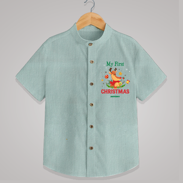 Celebrate This Christmas With Our "My First Christmas" themed Customized Shirt With Name For Kids - ARCTIC BLUE - 0 - 6 Months Old (Chest 23")