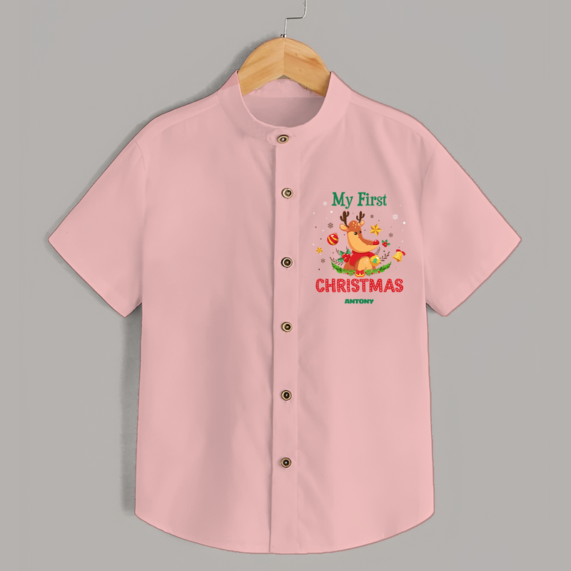 Celebrate This Christmas With Our "My First Christmas" themed Customized Shirt With Name For Kids - PEACH - 0 - 6 Months Old (Chest 23")