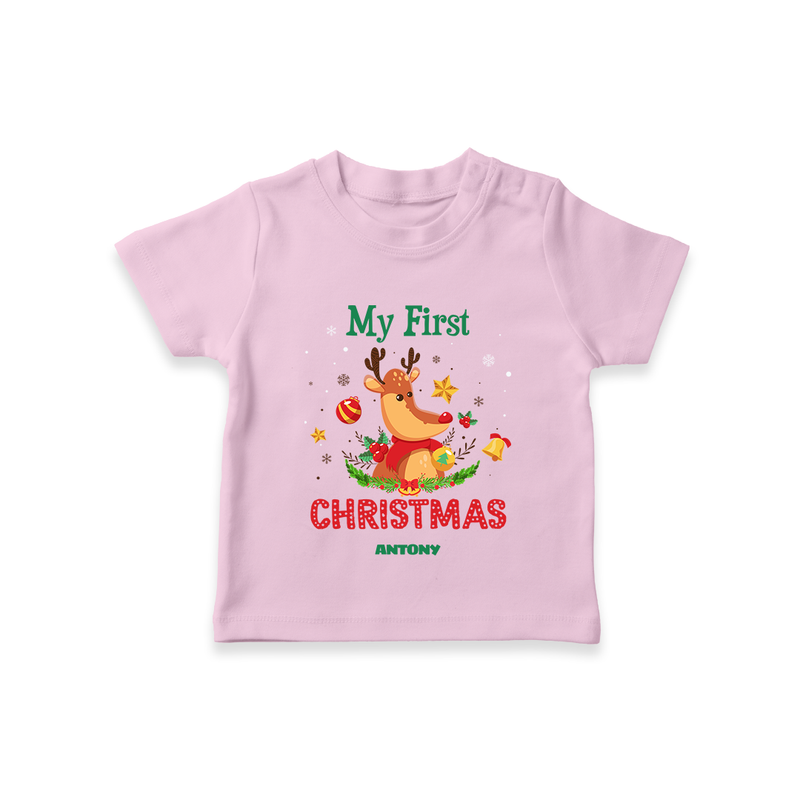 Celebrate This Christmas With Our "My First Christmas" themed Customized T-Shirt With Name For Babies - PINK - 0-5 Months Old (Chest 17")