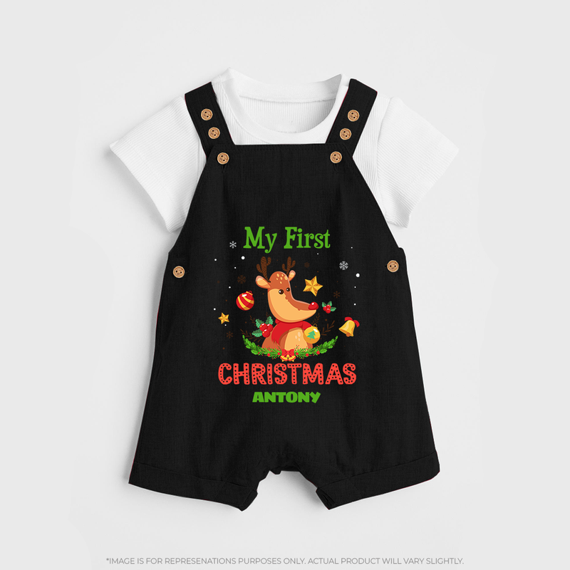 Celebrate This Christmas With Our "My First Christmas" themed Customized Dungaree Set With Name For Babies - BLACK - 0 - 5 Months Old (Chest 18")