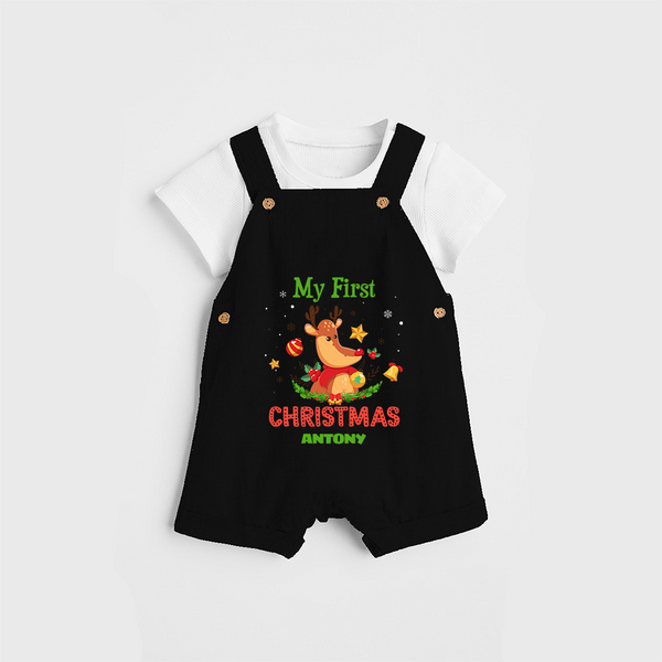 Celebrate This Christmas With Our "My First Christmas" themed Customized Dungaree Set With Name For Babies - BLACK - 0 - 5 Months Old (Chest 18")