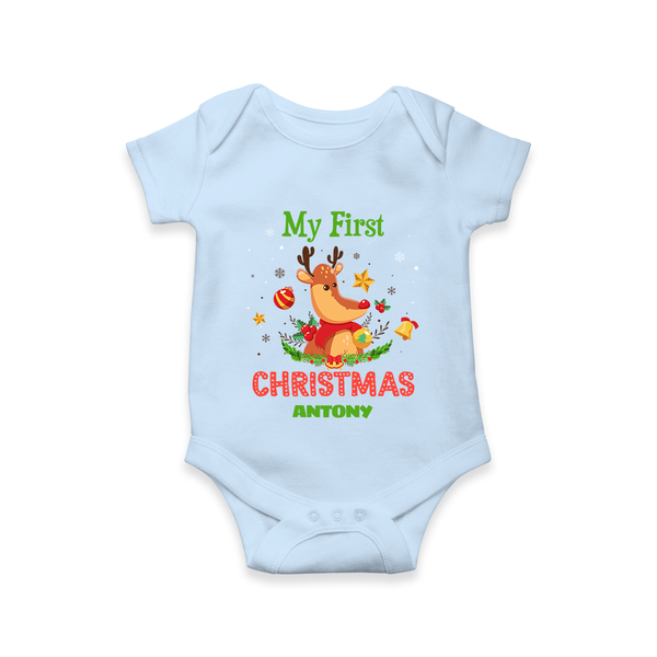 Celebrate This Christmas With Our "My First Christmas" themed Customized Romper With Name For Babies - BABY BLUE - 0 - 3 Months Old (Chest 16")