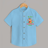 Celebrate This Christmas With Our "My First Christmas" themed Customized Shirt With Name For Kids - SKY BLUE - 0 - 6 Months Old (Chest 23")