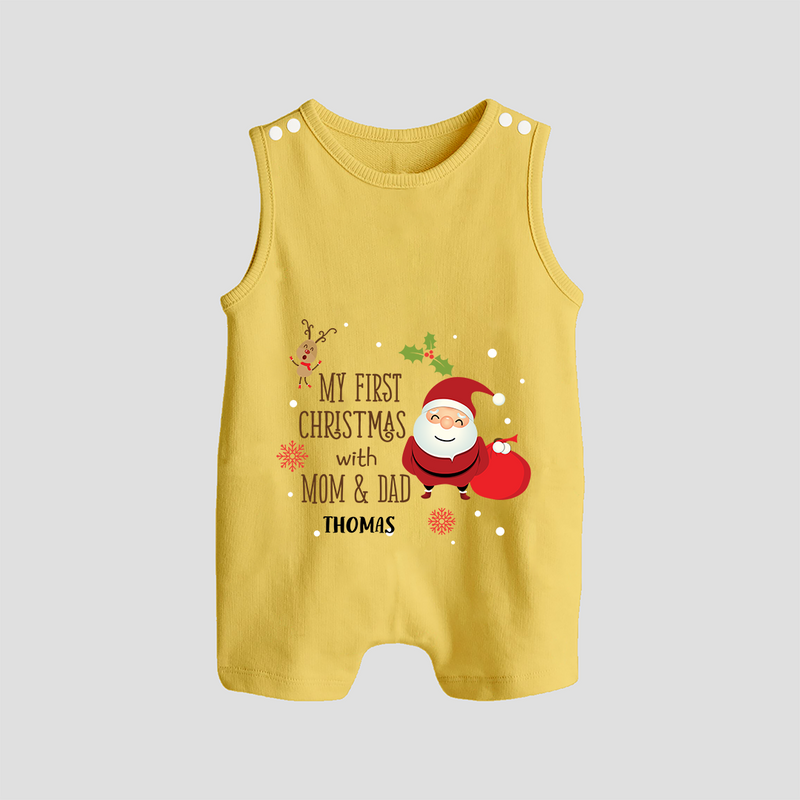 My First Christmas With Mom And Dad - Customized Romper Suit With Name For Babies - PASTEL YELLOW - 0 - 5 Months Old (Chest 18")