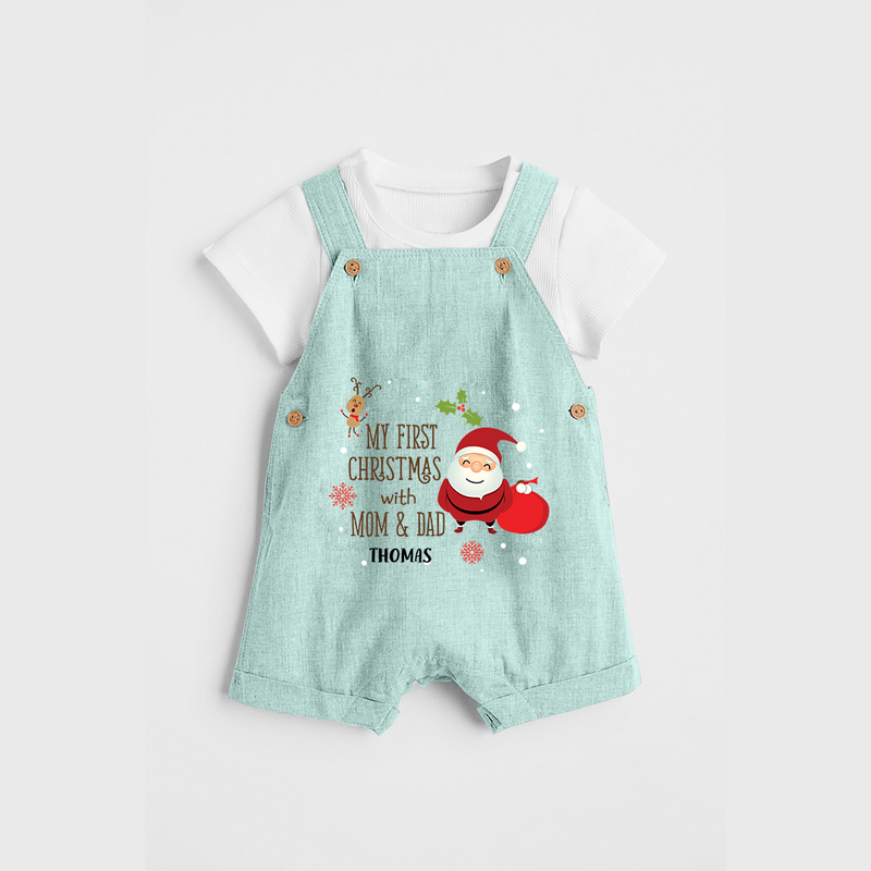 My First Christmas With Mom And Dad - Customized Dungaree Set With Name For Babies - ARCTIC BLUE - 0 - 5 Months Old (Chest 18")