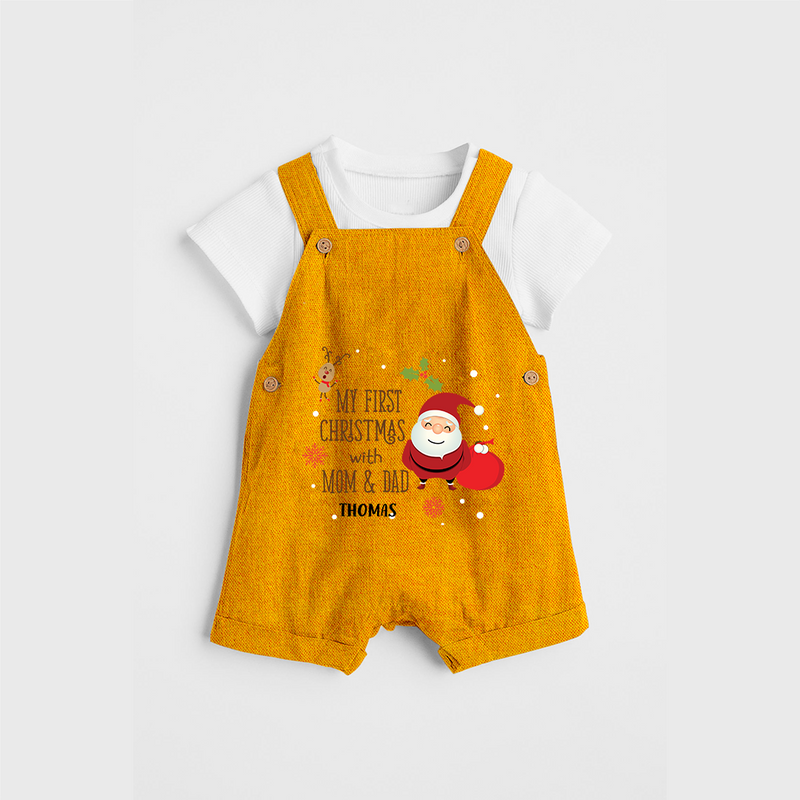 My First Christmas With Mom And Dad - Customized Dungaree Set With Name For Babies - CHROME YELLOW - 0 - 5 Months Old (Chest 18")