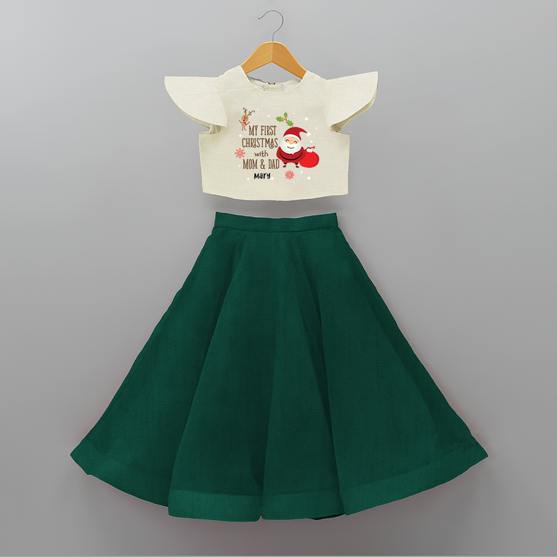 My First Christmas With Mom And Dad - Customized Crop Top And Skirt With Name For Kids - BOTTLE GREEN - 6 - 9 Months Old (Chest 20" , Frock Waist 20")