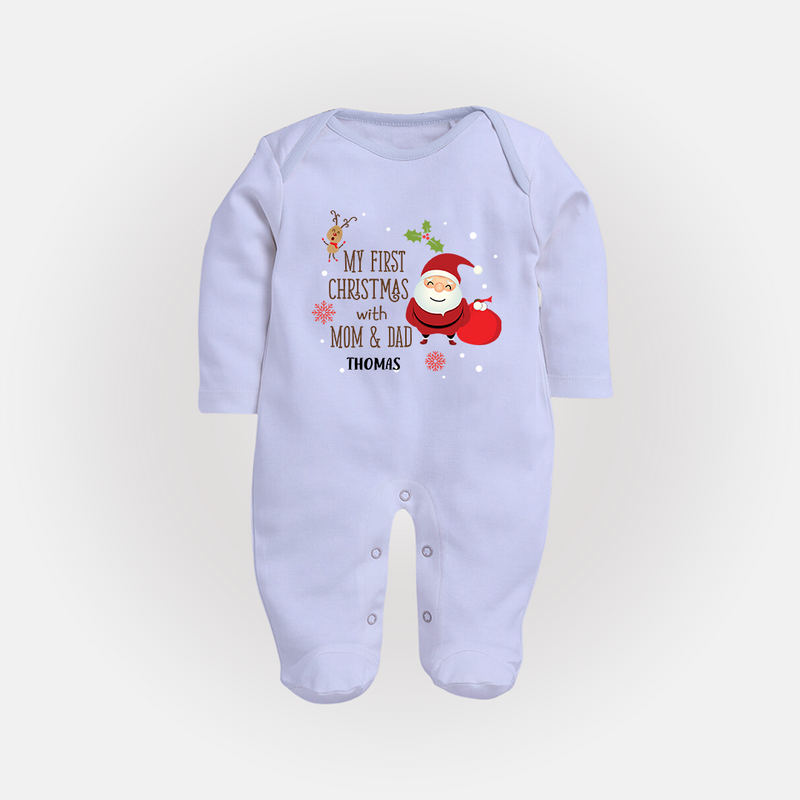 My First Christmas With Mom And Dad - Customized Sleep Suit With Name For Babies - BABY BLUE - New Born (Chest 7.5")