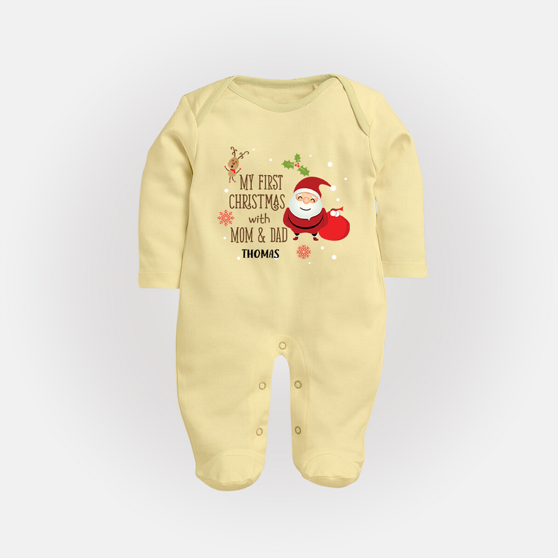 My First Christmas With Mom And Dad - Customized Sleep Suit With Name For Babies - PASTEL YELLOW - New Born (Chest 7.5")