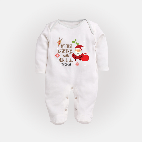 My First Christmas With Mom And Dad - Customized Sleep Suit With Name For Babies - WHITE - New Born (Chest 7.5")