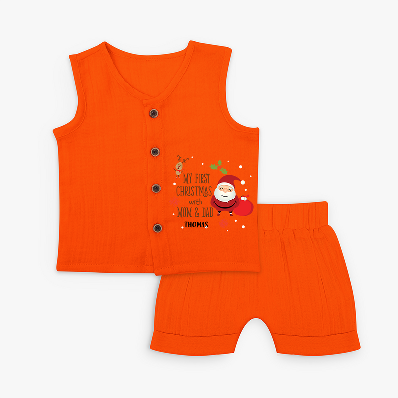 My First Christmas With Mom And Dad - Customized Jabla Set With Name For Babies - TANGERINE - 0 - 3 Months Old (Chest 9.8")