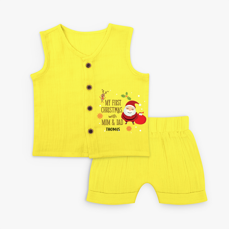 My First Christmas With Mom And Dad - Customized Jabla Set With Name For Babies - YELLOW - 0 - 3 Months Old (Chest 9.8")