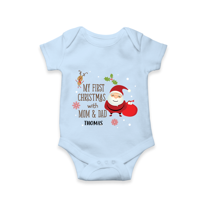 My First Christmas With Mom And Dad - Customized Romper With Name For Babies - BABY BLUE - 0 - 3 Months Old (Chest 16")