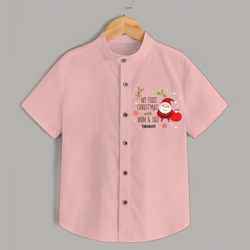 My First Christmas With Mom And Dad - Customized Shirt With Name For Kids - PEACH - 0 - 6 Months Old (Chest 23")