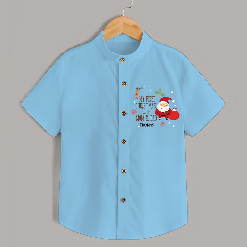 My First Christmas With Mom And Dad - Customized Shirt With Name For Kids - SKY BLUE - 0 - 6 Months Old (Chest 23")