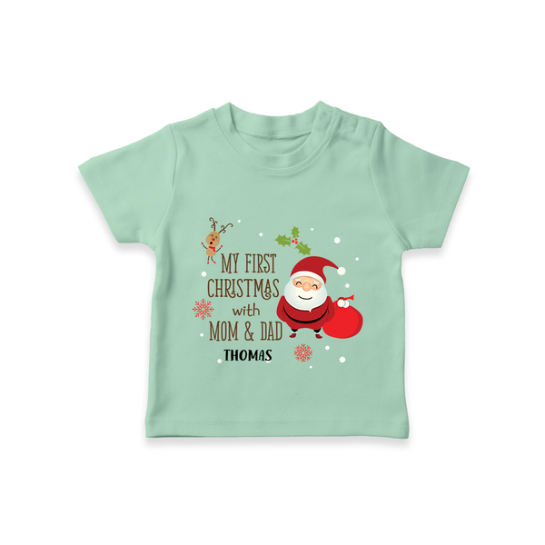 My First Christmas With Mom And Dad - Customized T-Shirt With Name For Babies - MINT GREEN - 0-5 Months Old (Chest 17")