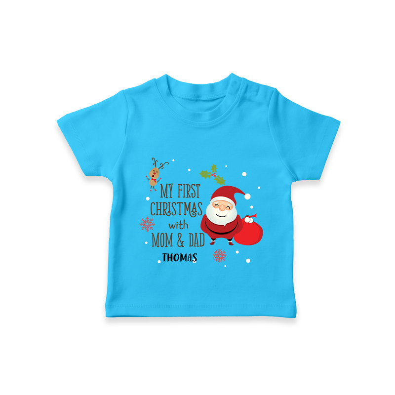 My First Christmas With Mom And Dad - Customized T-Shirt With Name For Babies - SKY BLUE - 0-5 Months Old (Chest 17")