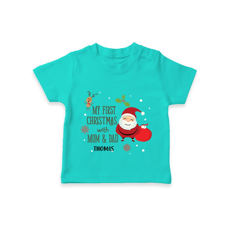 My First Christmas With Mom And Dad - Customized T-Shirt With Name For Babies - TEAL - 0-5 Months Old (Chest 17")