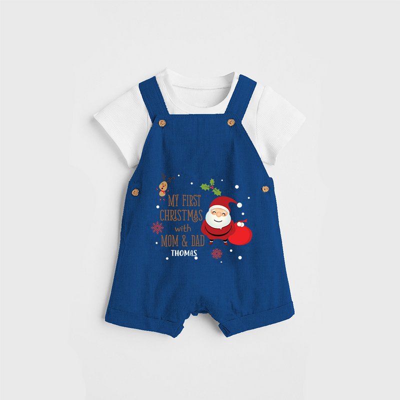 My First Christmas With Mom And Dad - Customized Dungaree Set With Name For Babies - COBALT BLUE - 0 - 5 Months Old (Chest 18")