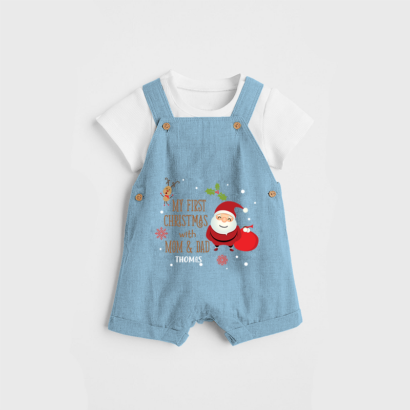 My First Christmas With Mom And Dad - Customized Dungaree Set With Name For Babies - SKY BLUE - 0 - 5 Months Old (Chest 18")