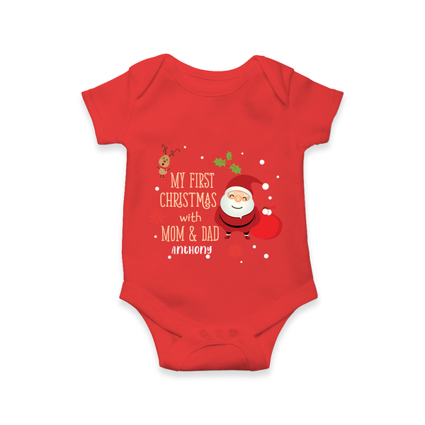 My First Christmas with Mom & Dad |Custom Baby Romper - RED - New Born (Chest 14")