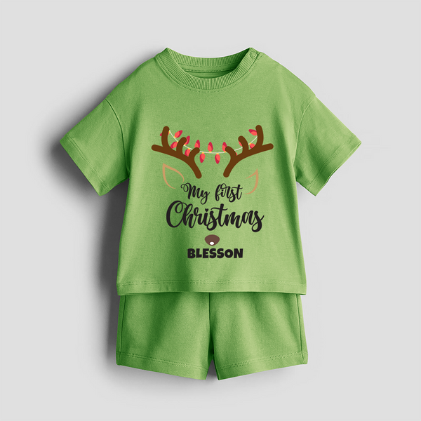 Make This Christmas Special With Our "My First Christmas" themed Customized Co-ord Set With Name For Kids - KIWI GREEN - 0-5 months old  (Chest 18")