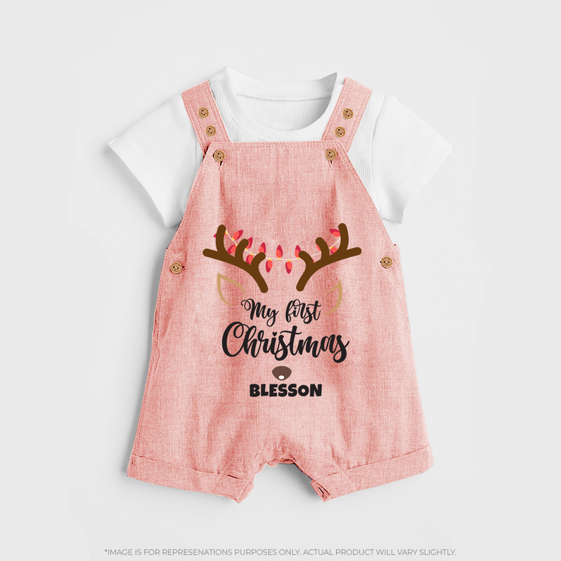 Make This Christmas Special With Our "My First Christmas" themed Customized Dungaree Set With Name For Babies - PEACH - 0 - 5 Months Old (Chest 18")