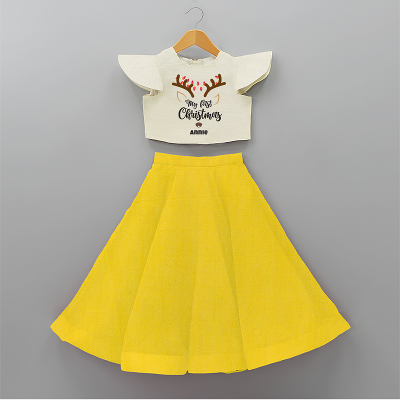 Make This Christmas Special With Our "My First Christmas" themed Customized Crop Top And Skirt With Name For Kids - YELLOW - 6 - 9 Months Old (Chest 20" , Frock Waist 20")