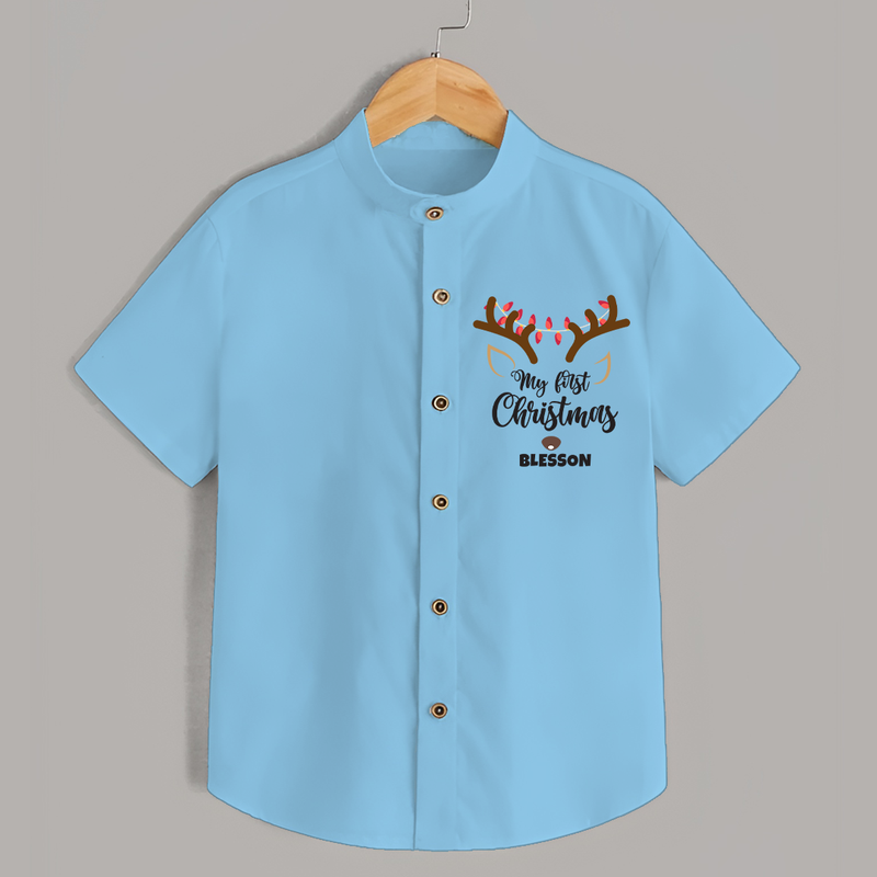 Make This Christmas Special With Our "My First Christmas" themed Customized Shirt With Name For Kids - SKY BLUE - 0 - 6 Months Old (Chest 23")