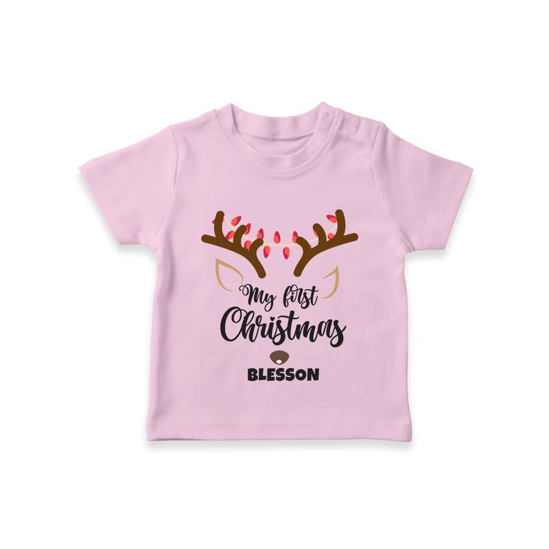 Make This Christmas Special With Our "My First Christmas" themed Customized T-Shirt With Name For Babies - PINK - 0-5 Months Old (Chest 17")