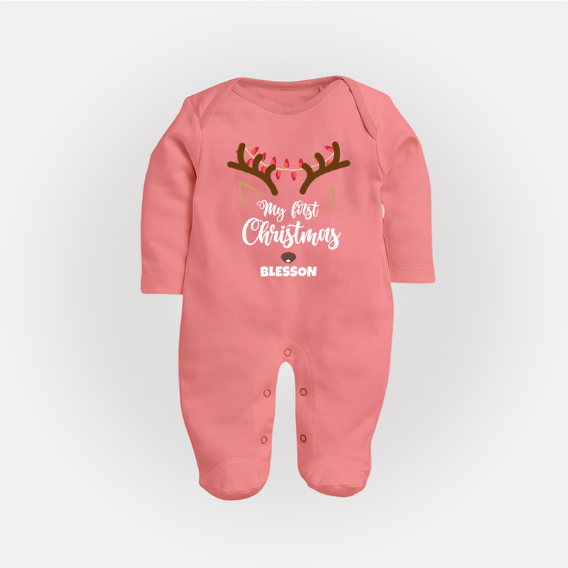 Make This Christmas Special With Our "My First Christmas" themed Customized Sleep Suit With Name For Babies - PEACH - New Born (Chest 7.5")