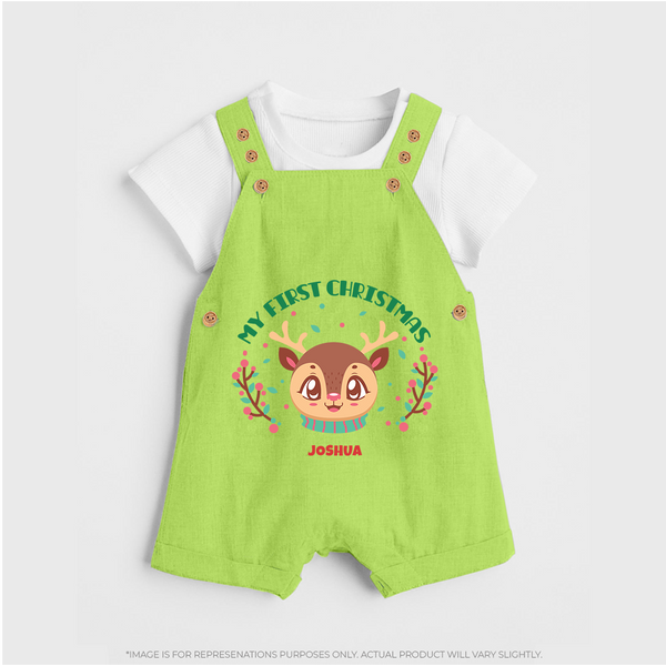 My First Christmas Themed Customized Dungaree Set With Name For Babies - GREEN - 0 - 5 Months Old (Chest 18")