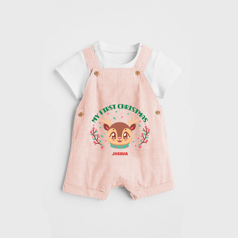 My First Christmas Themed Customized Dungaree Set With Name For Babies - PEACH - 0 - 5 Months Old (Chest 18")