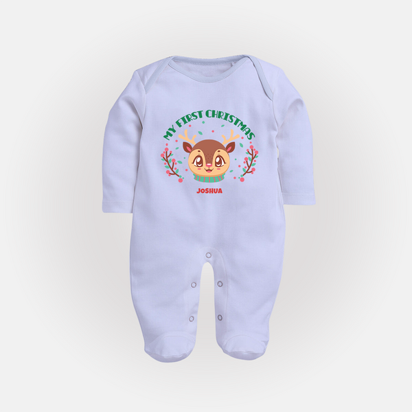 My First Christmas Themed Customized Sleep Suit With Name For Babies - BABY BLUE - New Born (Chest 7.5")