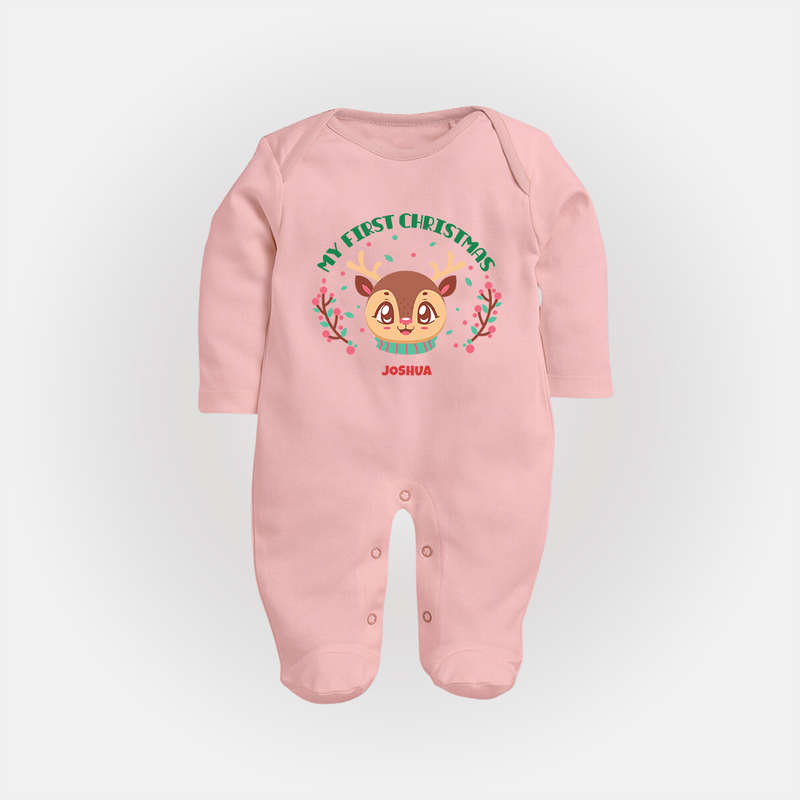 My First Christmas Themed Customized Sleep Suit With Name For Babies - BABY PINK - New Born (Chest 7.5")