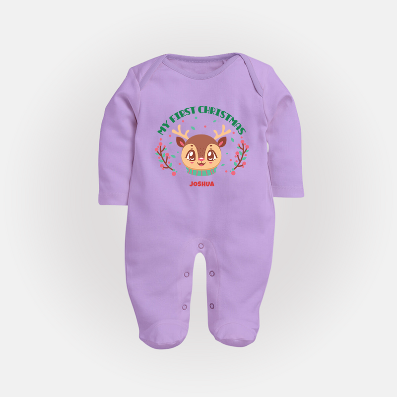 My First Christmas Themed Customized Sleep Suit With Name For Babies - LILAC - New Born (Chest 7.5")