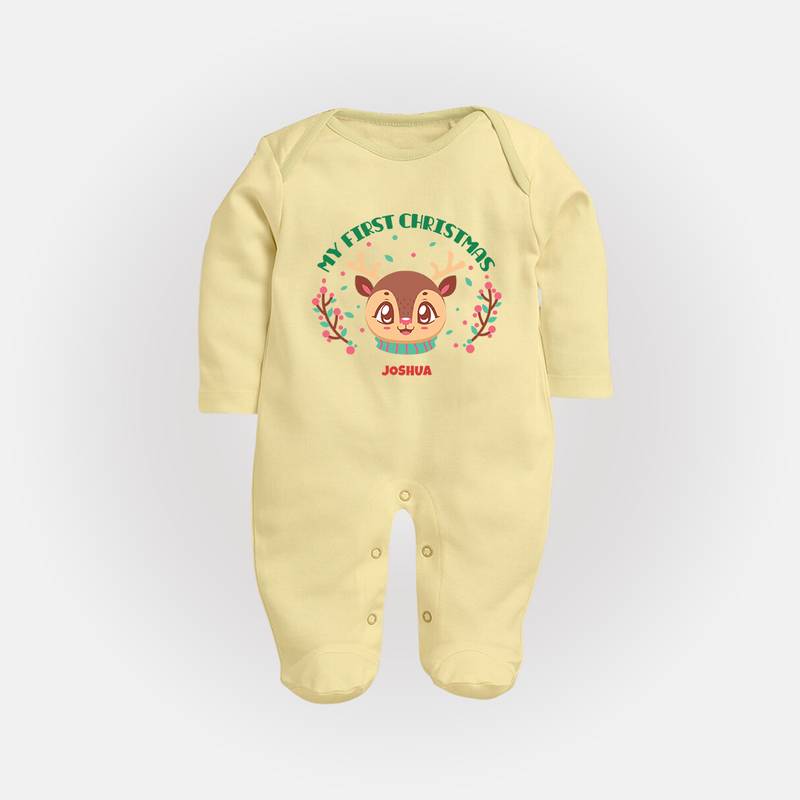 My First Christmas Themed Customized Sleep Suit With Name For Babies - PASTEL YELLOW - New Born (Chest 7.5")