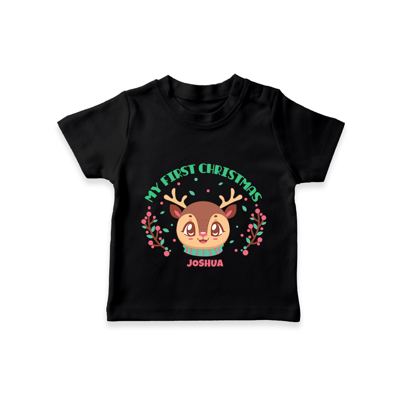 My First Christmas Themed Customized T-Shirt With Name For Babies - BLACK - 0-5 Months Old (Chest 17")