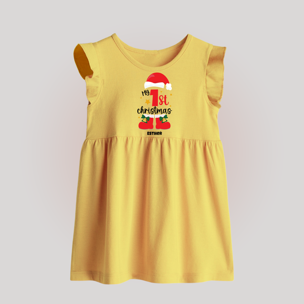 My First Christmas Themed Personalized Baby Frock With Name For Babies - YELLOW - 0 - 3 Months Old (Chest 17")