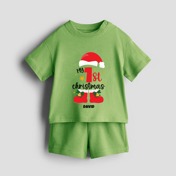 My First Christmas Themed Personalized Co-ord Set With Name For Kids - KIWI GREEN - 0-5 months old  (Chest 18")