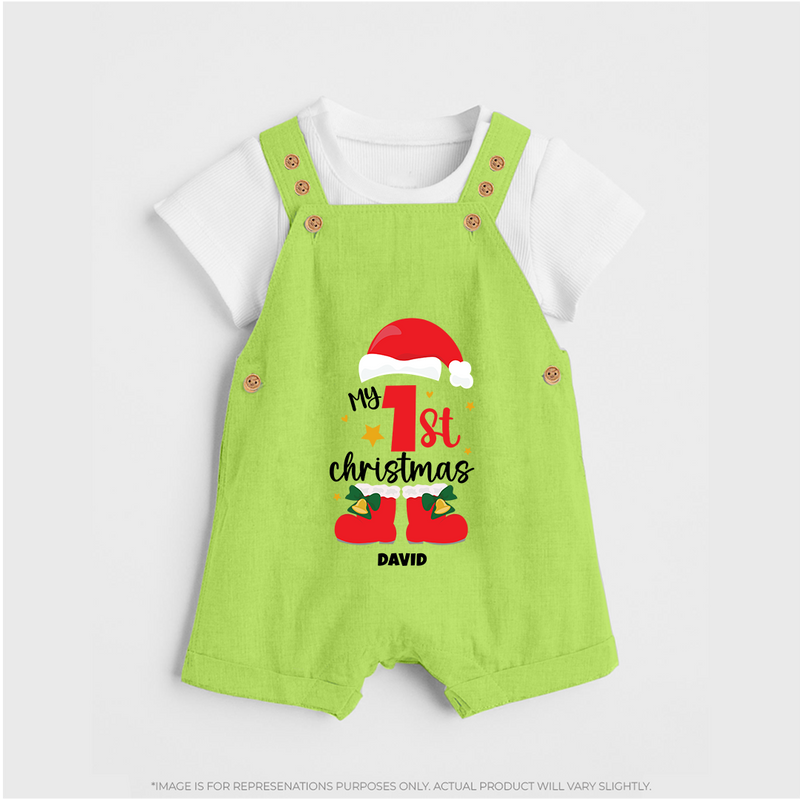 My First Christmas Themed Personalized Dungaree Set With Name For Babies - GREEN - 0 - 5 Months Old (Chest 18")