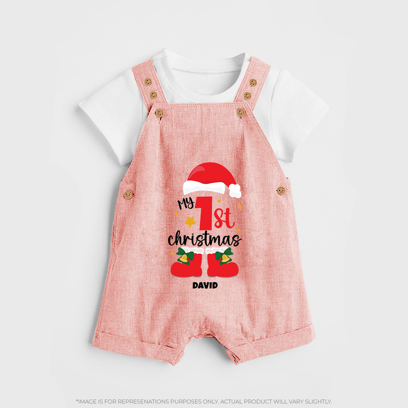 My First Christmas Themed Personalized Dungaree Set With Name For Babies - PEACH - 0 - 5 Months Old (Chest 18")