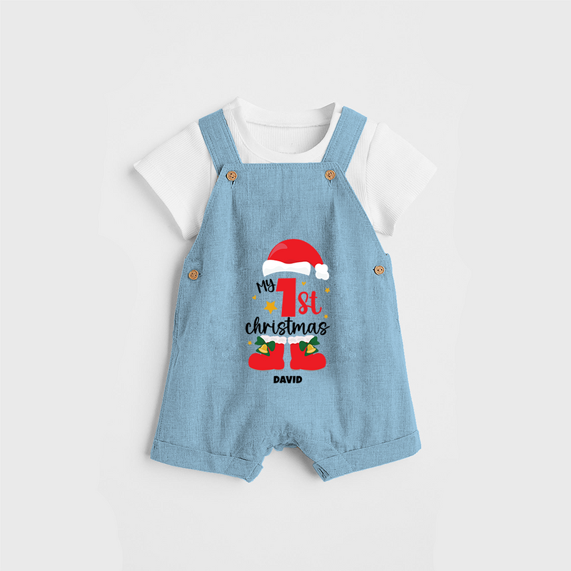 My First Christmas Themed Personalized Dungaree Set With Name For Babies - SKY BLUE - 0 - 5 Months Old (Chest 18")