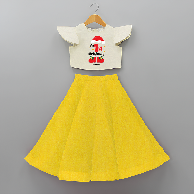 My First Christmas Themed Personalized Crop Top And Skirt With Name For Kids - YELLOW - 6 - 9 Months Old (Chest 20" , Frock Waist 20")