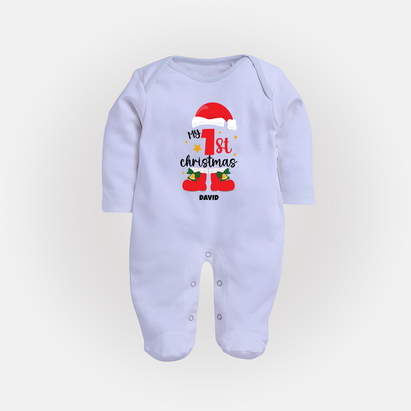 My First Christmas Themed Personalized Sleep Suit With Name For Babies - BABY BLUE - New Born (Chest 7.5")