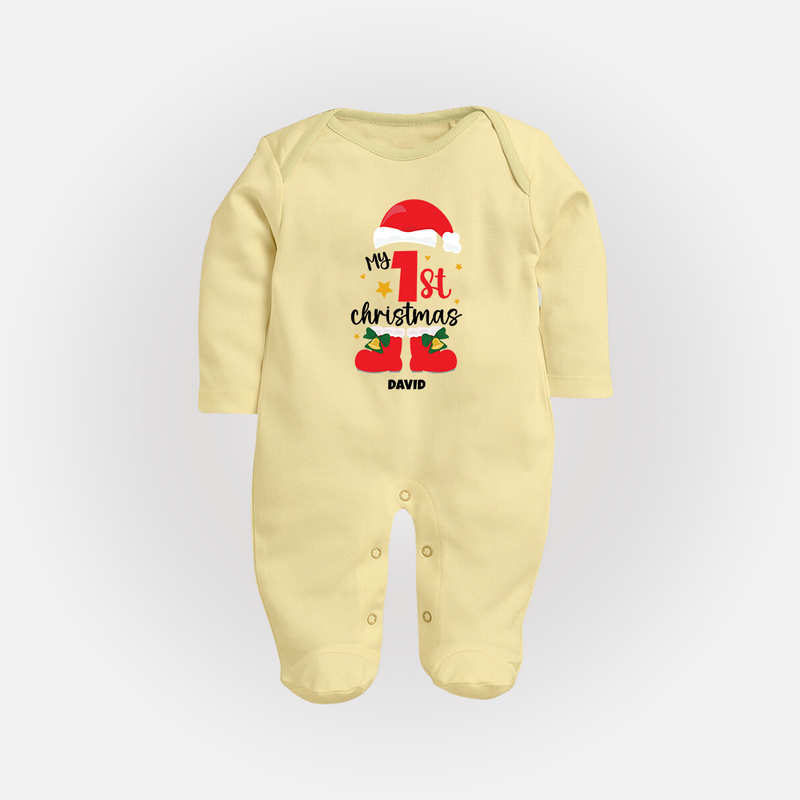 My First Christmas Themed Personalized Sleep Suit With Name For Babies - PASTEL YELLOW - New Born (Chest 7.5")