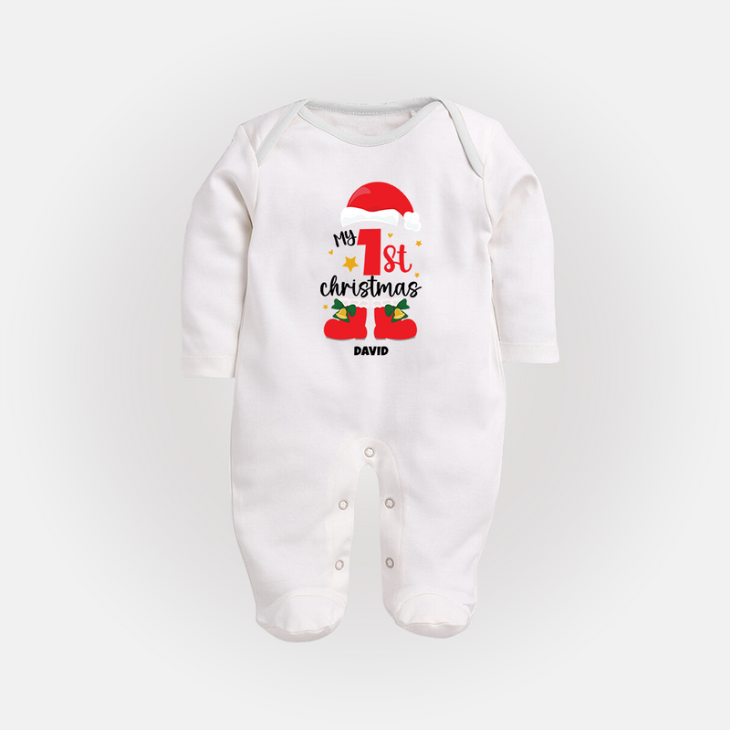 My First Christmas Themed Personalized Sleep Suit With Name For Babies - WHITE - New Born (Chest 7.5")